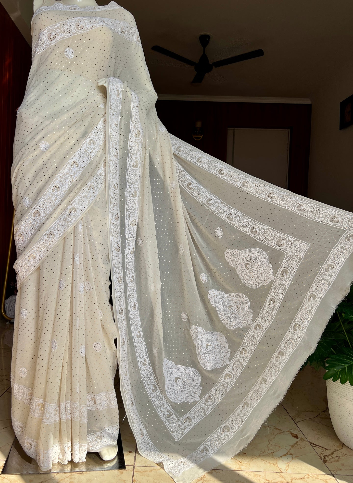 Ivory Ruhani Allover Fine Chikankari and Bareek Mukaish Saree
